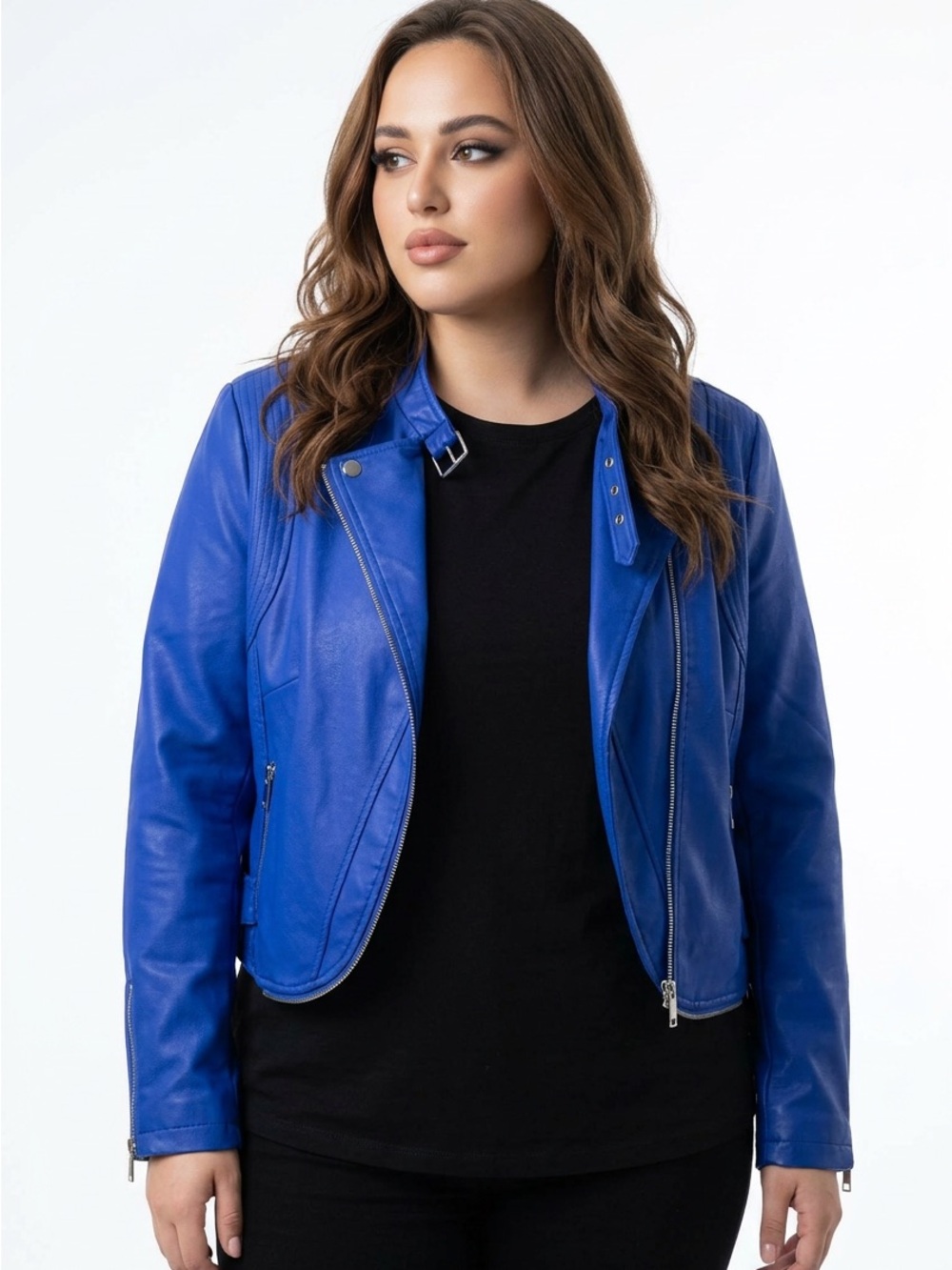 💙NWOT|•CITY CHIC•| Gorgeous Cobalt Blue Vegan Leather Moto Jacket Size Large/20